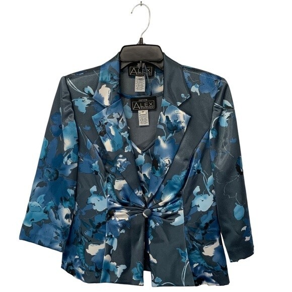 Alex Evenings | 2 pc Satin Blue Floral One Button Formal Tank & Blazer Combo SP - Picture 1 of 8